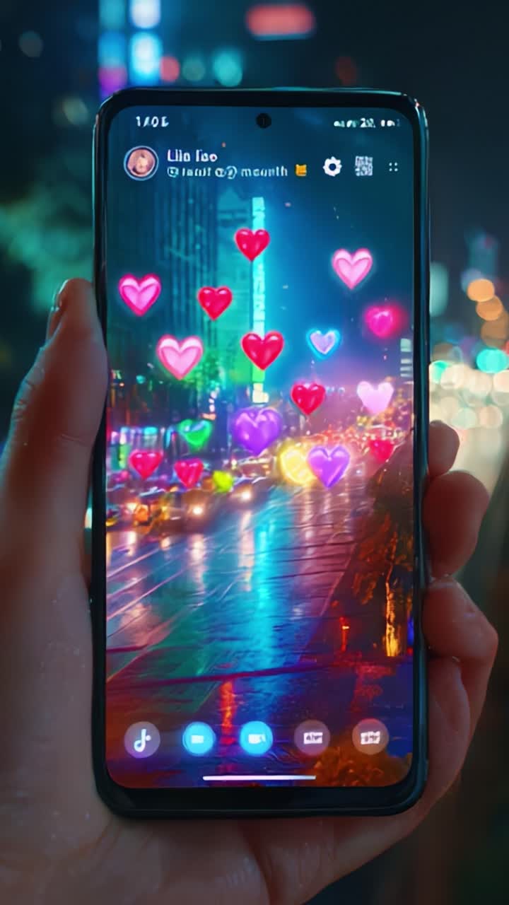 Aesthetic Smartphone Display Featuring Vibrant Colorful Hearts Floating Above a Rain-soaked City Street at Night, Highlighting the Blend of Technology and Urban Environment