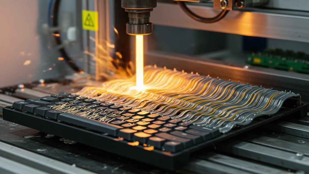 Laser Machining Process: Precision Cutting of Metallic Material on Keyboard Surface with Vibrant Sparks and Heat Emission for Innovative Engineering Applications