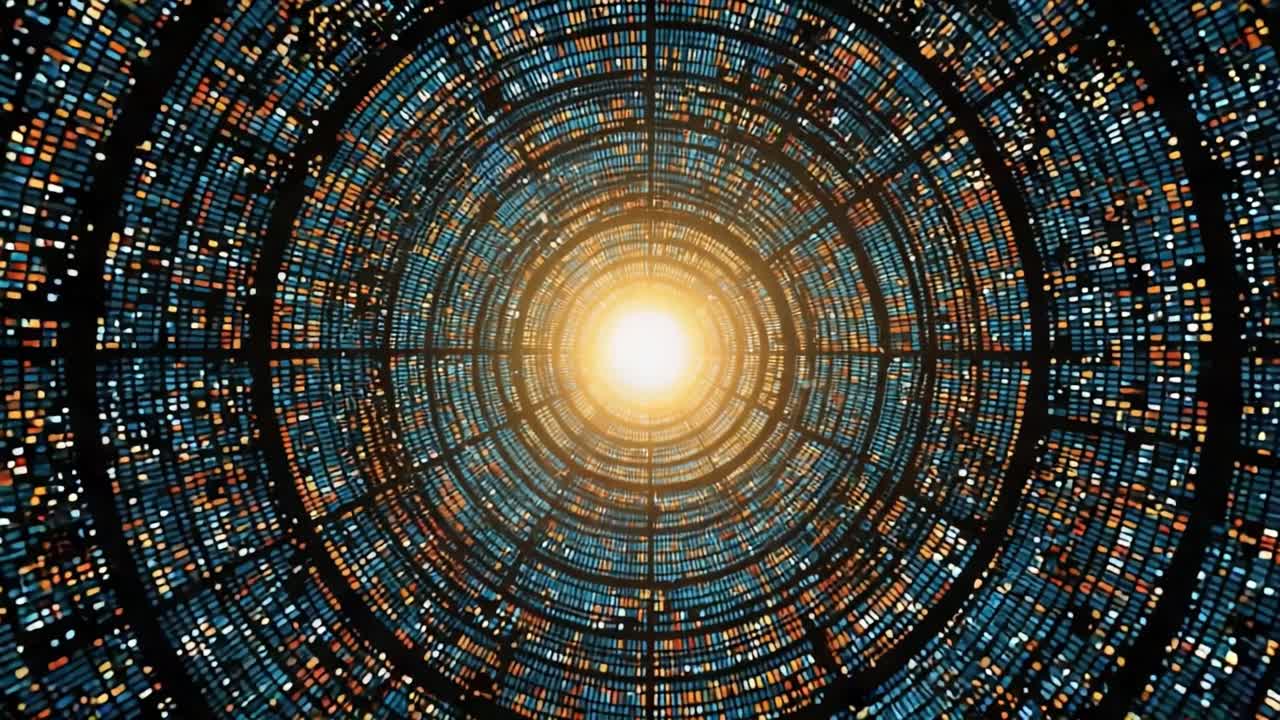 An Intricate Visualization of a Digital Universe: Exploring a Vibrant, Circular Pattern Filled with Colorful Light and Data Points Radiating from a Central Glow