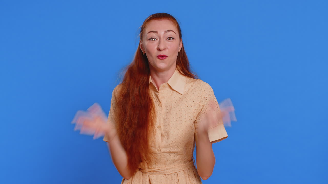 Excited amazed woman showing head explosion looking worried shocked surprised girl wow idea eureka