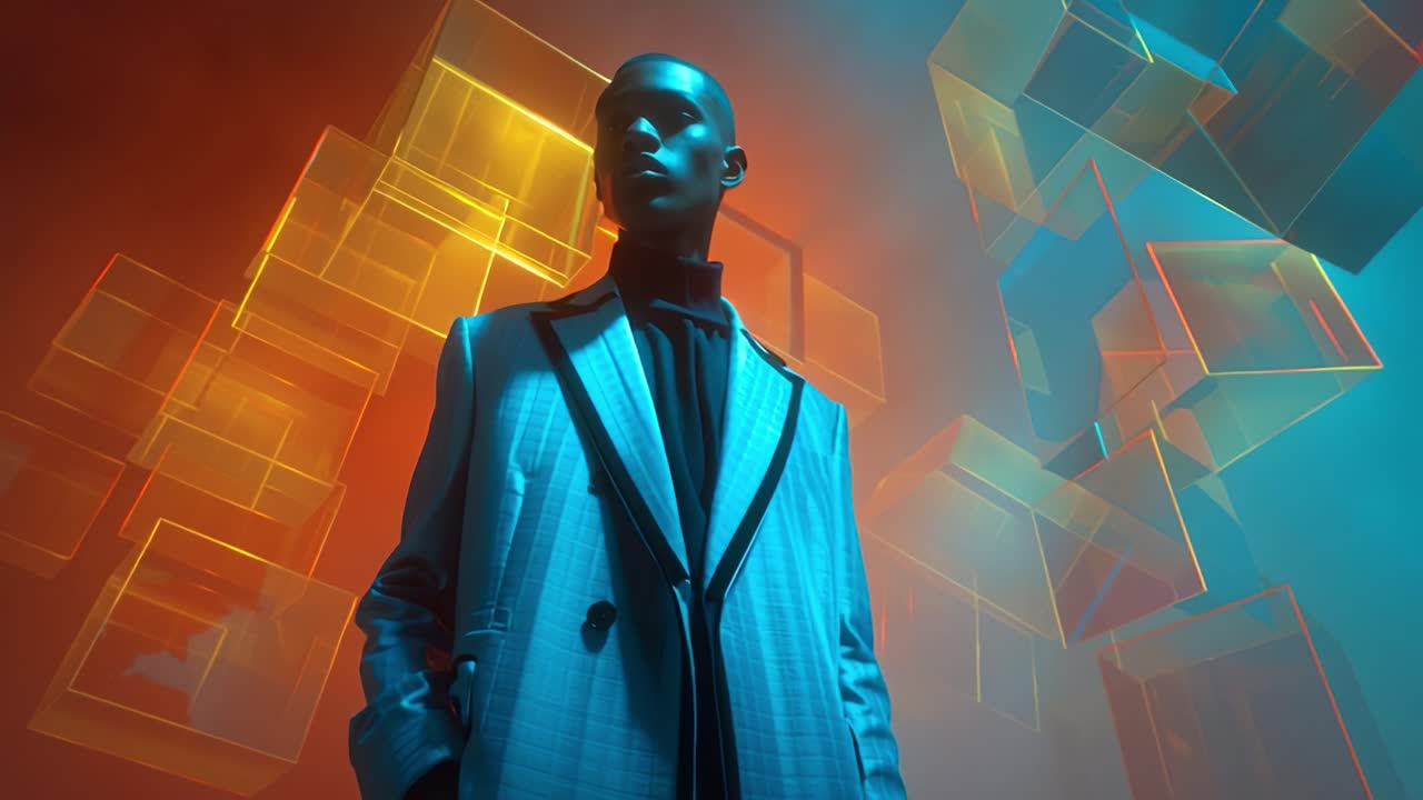 A stylish figure stands confidently amidst a backdrop of vibrant floating geometric shapes, showcasing a blend of futuristic design and classic fashion, exuding an aura of sophistication and modernity