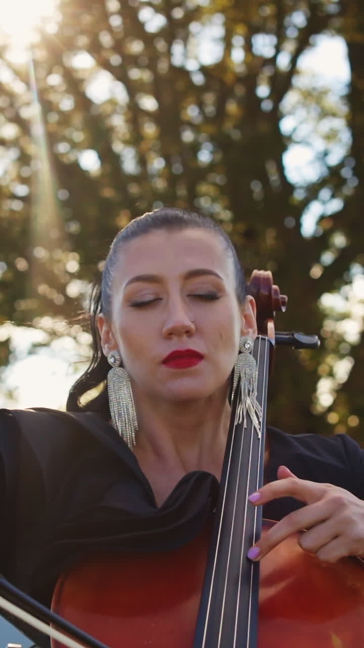 Soulful profound music performance by a female musician. Woman in black dress and long earrings playing bass-viol at the backdrop of beautiful summer nature. Vertical video