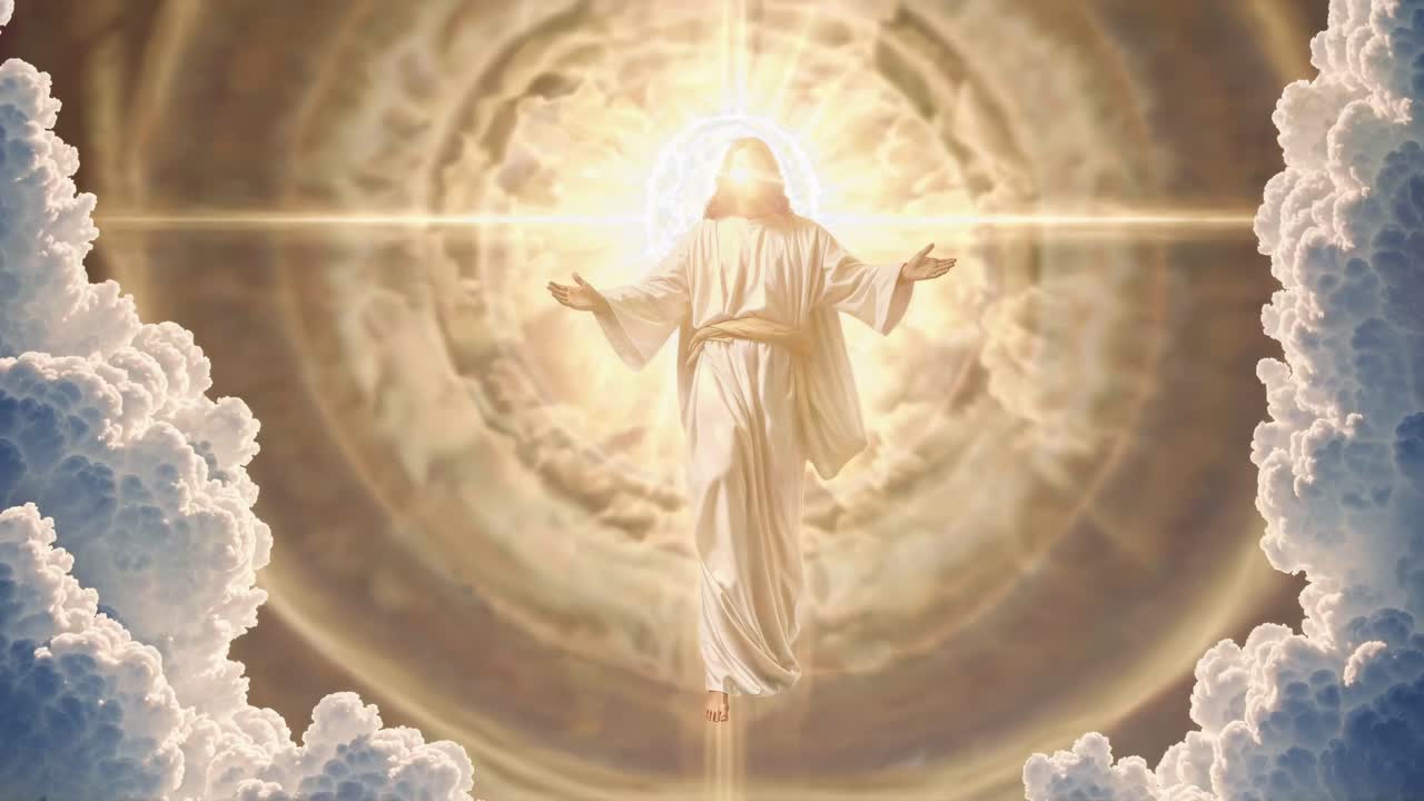 A divine figure ascends amidst radiant light and clouds, captured from a low-angle