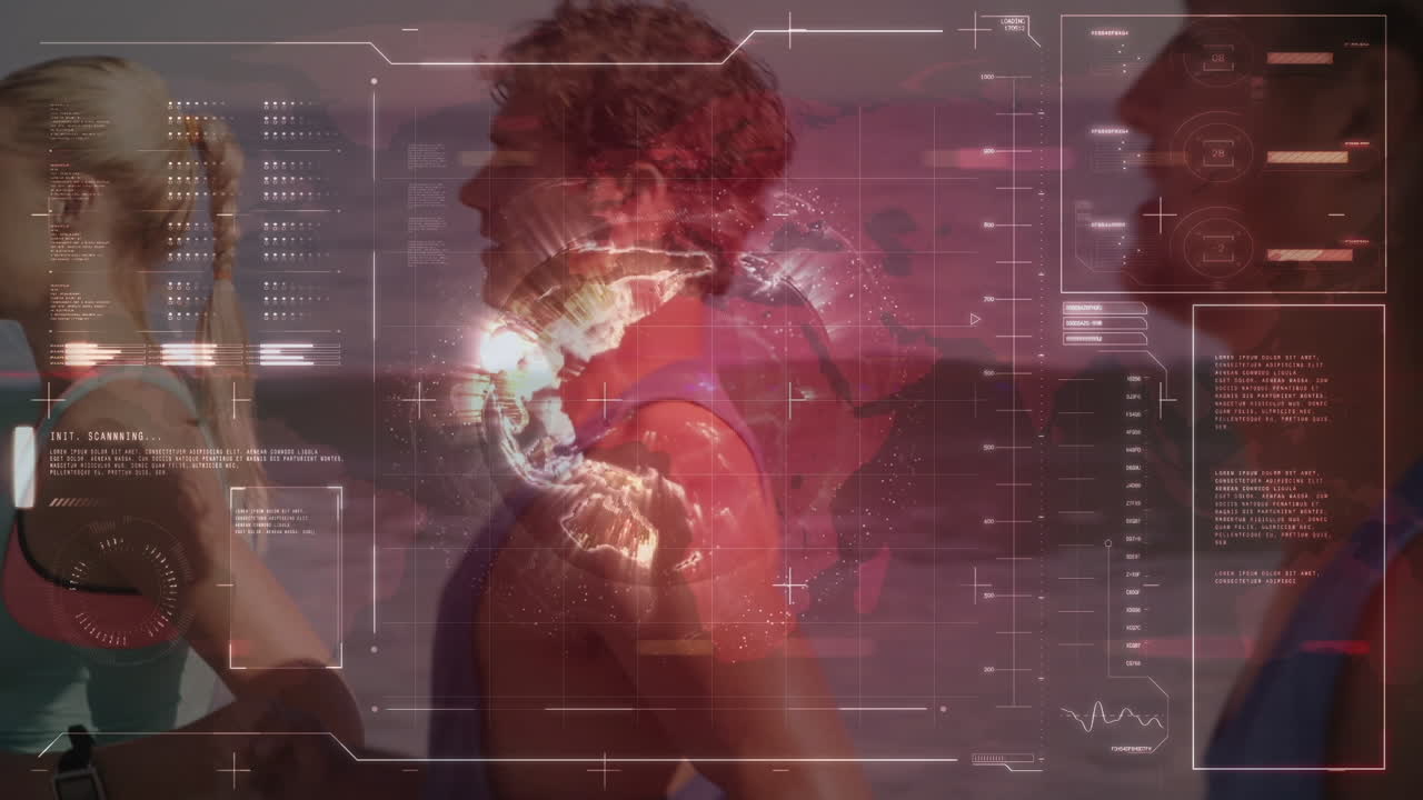 animación de pantalla digital con procesamiento de datos sobre mujeres y hombres caucásicos corriendo