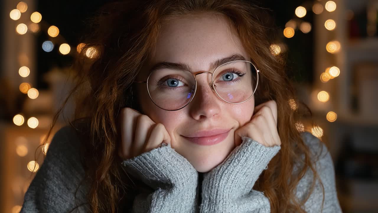 A Warm and Inviting Portrait of a Young Person with Glasses and a Cozy Sweater, Exuding Joy and Happiness Against a Backdrop of Soft, Twinkling Lights