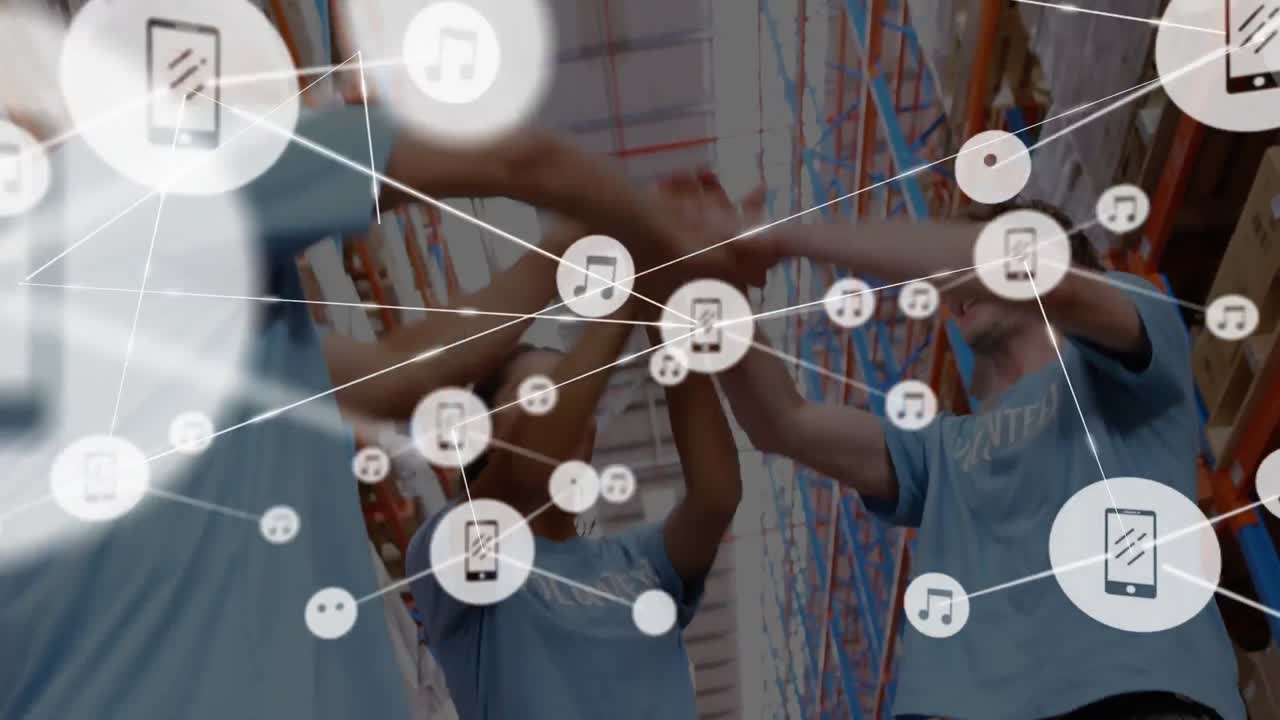 창고에서 기 ⁇ 게 손을 들어주는 다양한 자원봉사자들에 대한 연결된 아이콘의 애니메이션