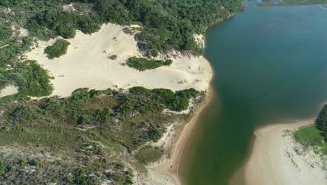 Aerial-view-of-a-coastal-lagoon-and-pristine-coastal-sand-dunes-and-forest,-South-Africa