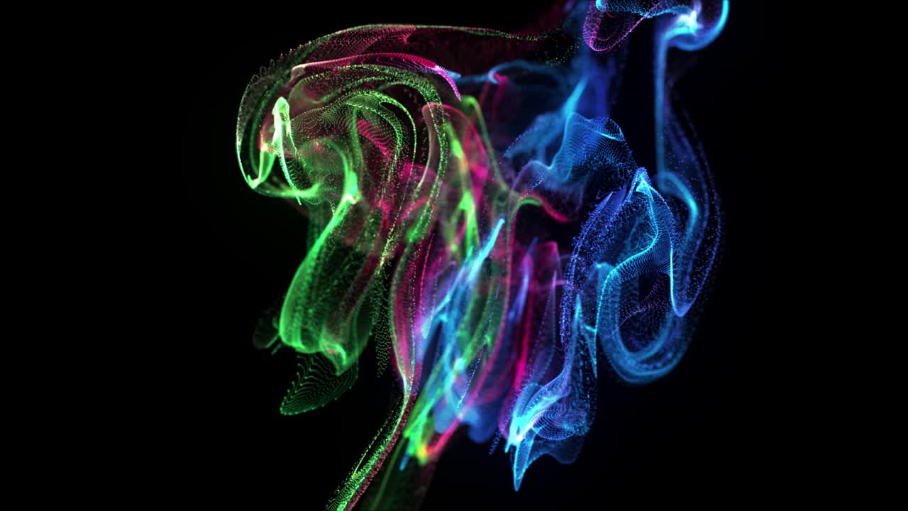 explosión de partículas de 4k - granos de polvo voladores en forma de hongo - energía digital abstracta en movimiento lento fondo de partículas - colorida explosión en forma de setas - partículas voladoras bailando - mil puntos volando - color verde rosa azul