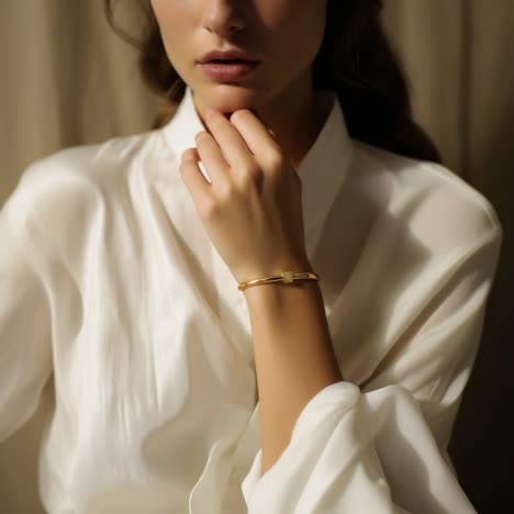 elegant portrait of a woman in a white blouse, showcasing a gold bracelet