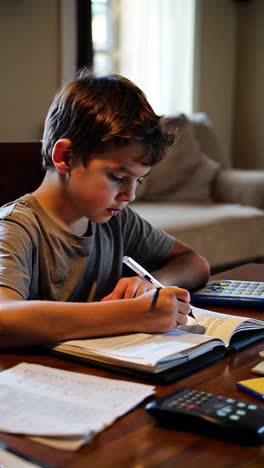 boy doing homework at home