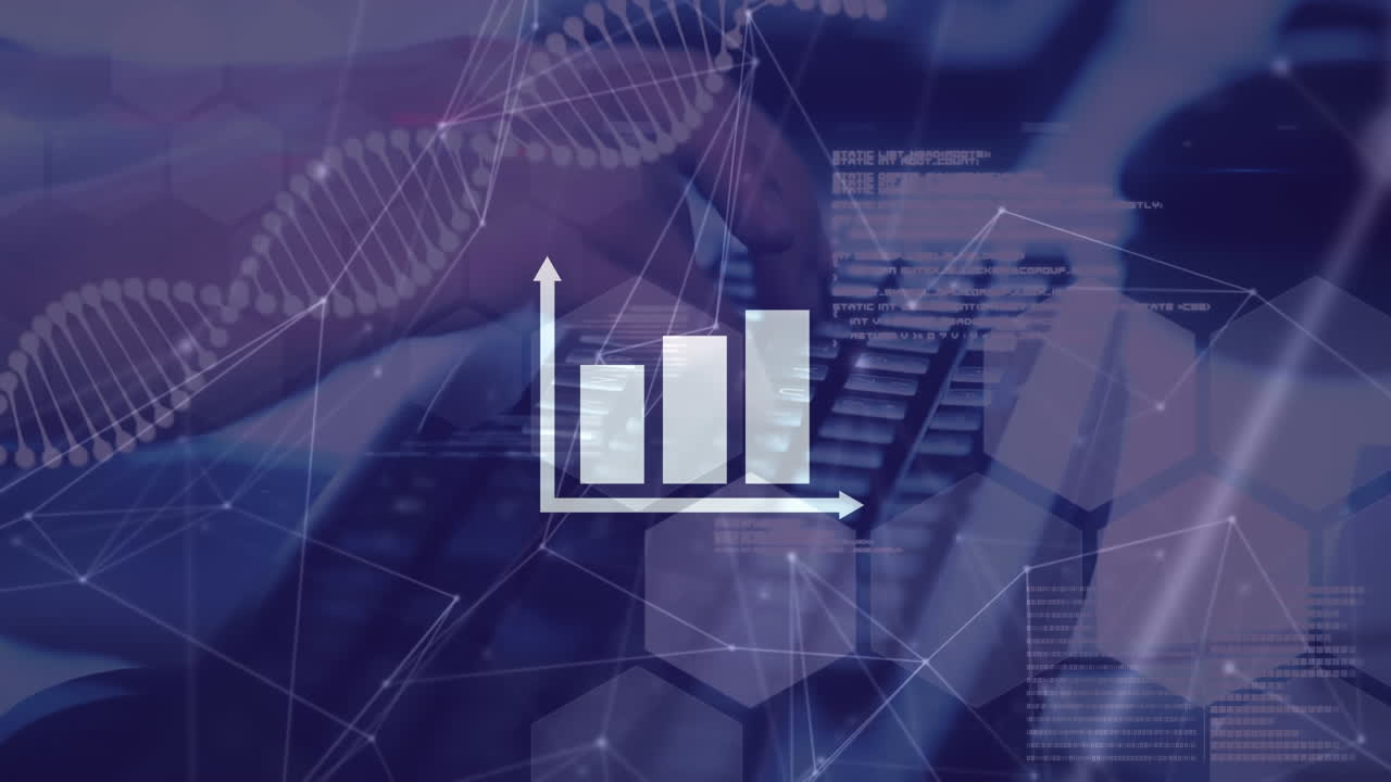 animación del icono del gráfico con adn y red de conexiones sobre las manos escribiendo en la computadora