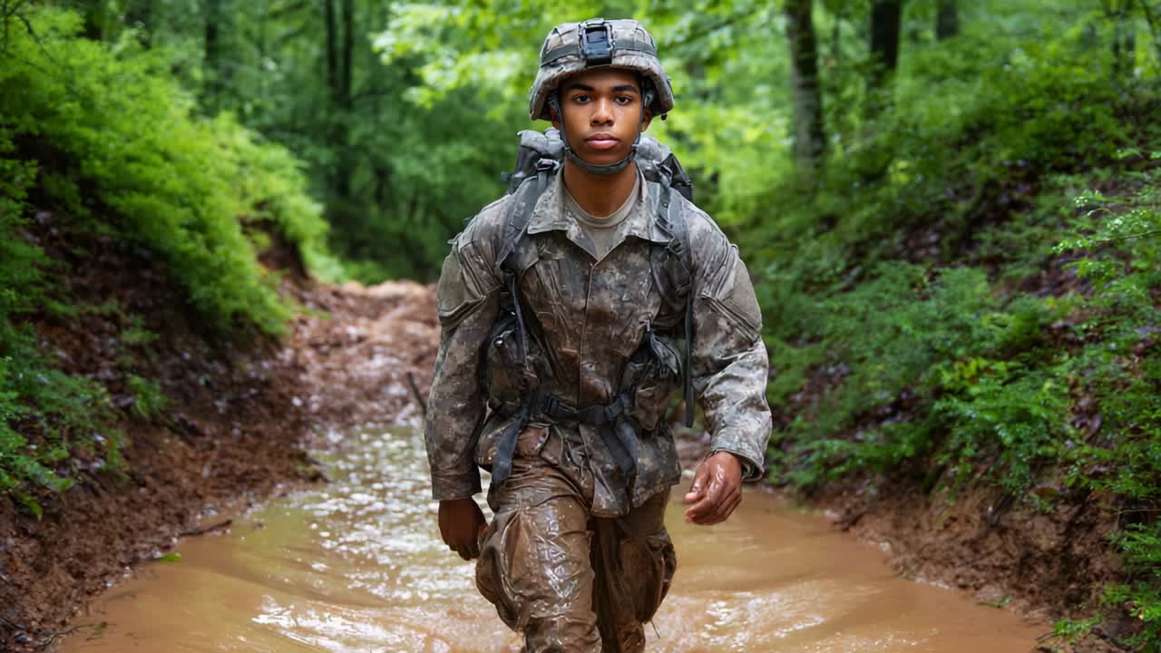 Um soldado determinado percorre uma trilha lamacenta cercada por vegetação exuberante, demonstrando resiliência e dedicação diante das desafiadoras condições naturais durante os exercícios de treinamento.