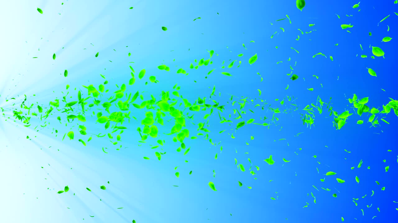 초록색 잎에서 나오는 소용돌이, 스피럴 모양의 반이는 계절 잎의 입자, 춤추는 잎, 다채로운 자연 터널 루프 애니메이션.