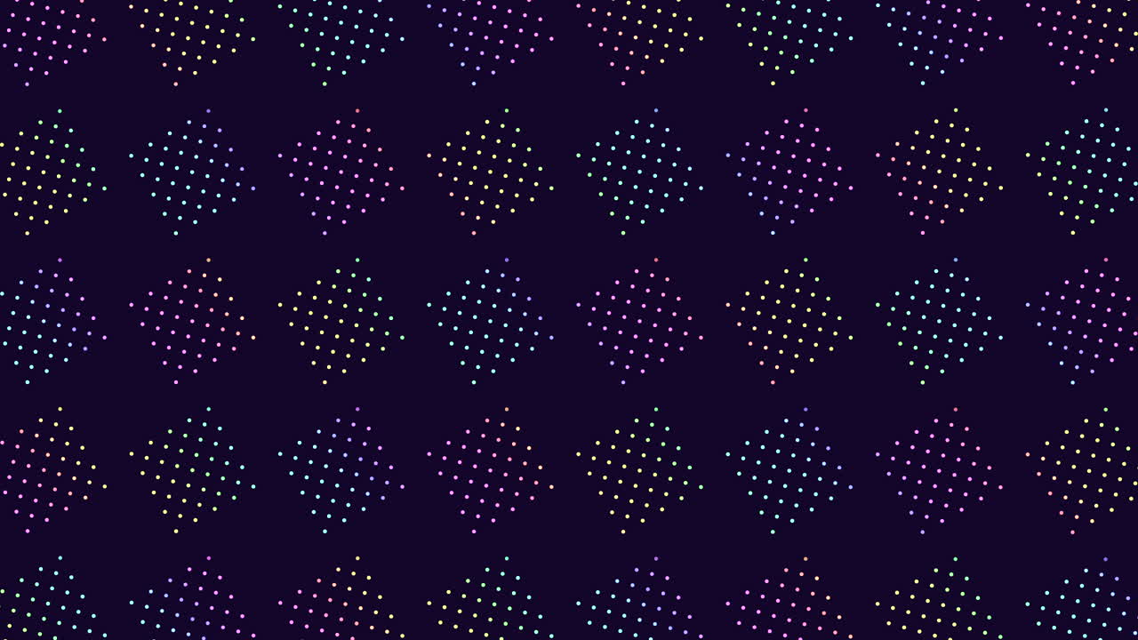 Abstract dark background with repeating diamond shapes made of colorful glowing dots. Seamless geometric pattern for party visuals, tech design, wallpapers, and motion graphics