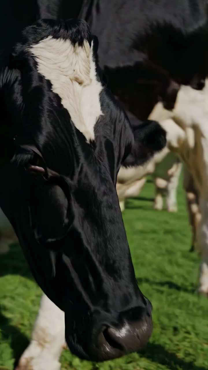 Close-up video shot of a cow grazing in a lush green field, captured from a low angle