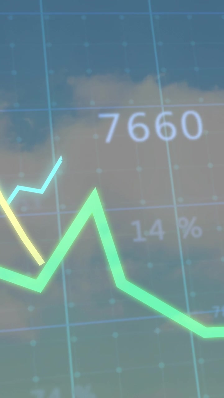 Video verticale: Tre grafici a linee al neon che si animano da un feed di dati in tempo reale, mostrando la volatilità finanziaria