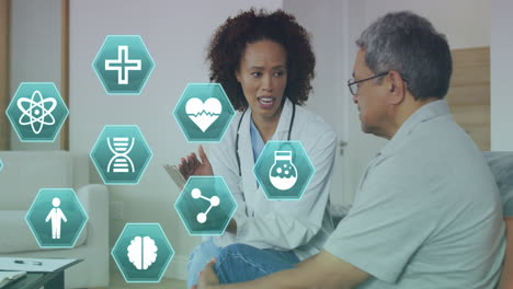 animación de iconos médicos sobre una doctora afroamericana con un paciente