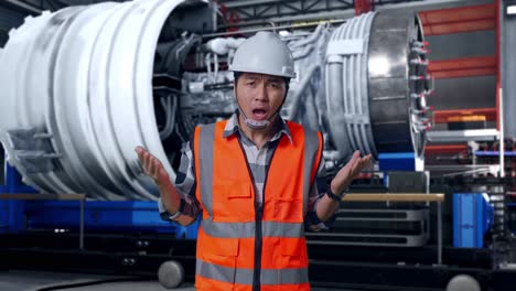 wondering asian male engineer with safety helmet saying why working doubtfully with airplane engine maintenance conducted, analytics checking the turbine