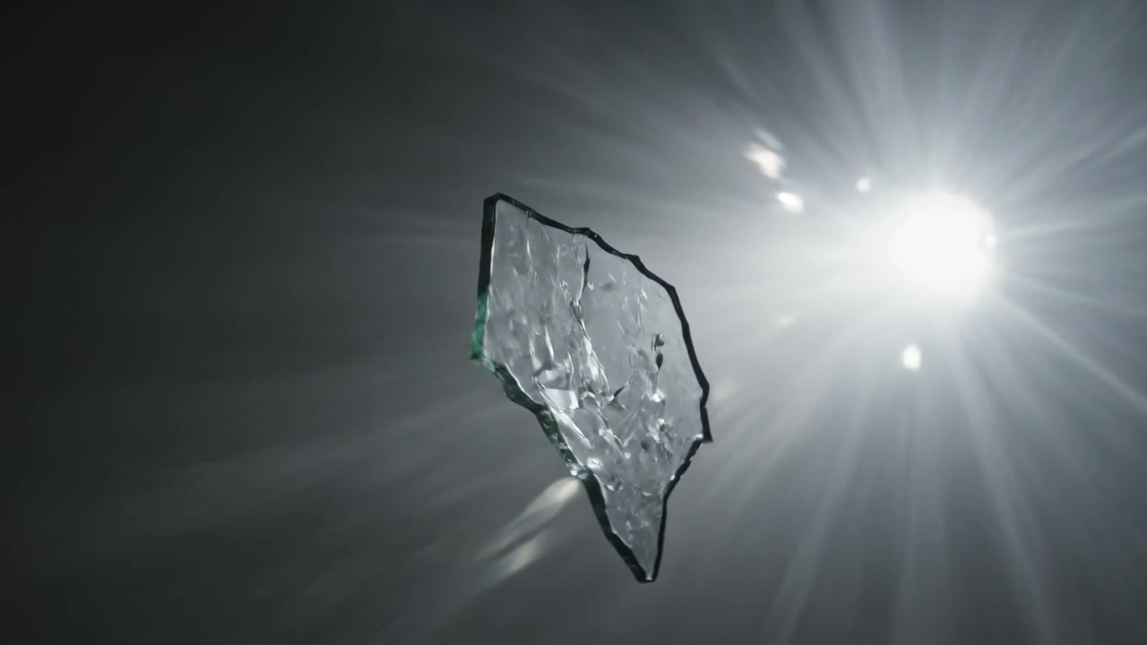 Rotating jagged glass shard drifting in dark studio, bright point light causing lens flares