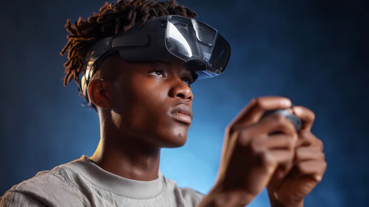 An Engaging Moment in Virtual Reality: Immersive Experience with Headset and Controller as Subject Fully Focuses on Gameplay in a Bright and Stylish Studio Setting