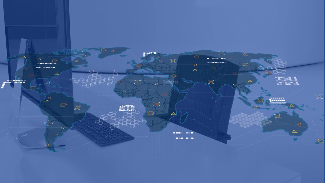 Animation of data processing and world map over desk with computer