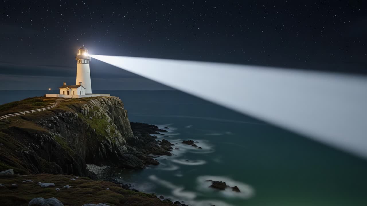 A Majestic Lighthouse Illuminating the Night Sky with Its Brilliant Beacon, Casting a Guiding Light Over the Tranquil Ocean Waters and Rocky Shoreline