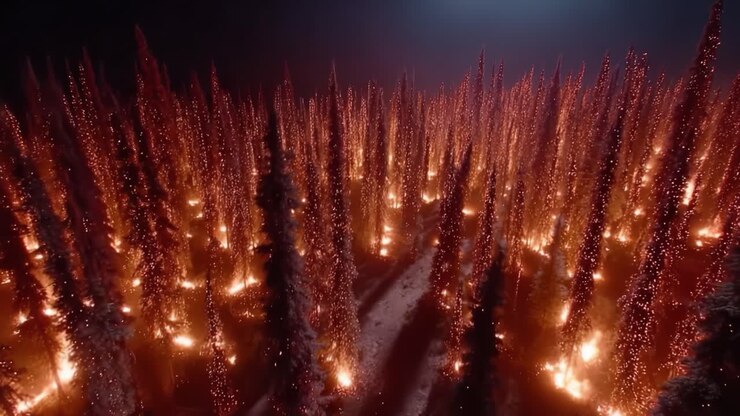Un'incantevole vista aerea di una foresta infuocata illuminata da scintille, che crea una scena suggestiva e ricca di atmosfera di straordinaria bellezza naturale e calore intenso