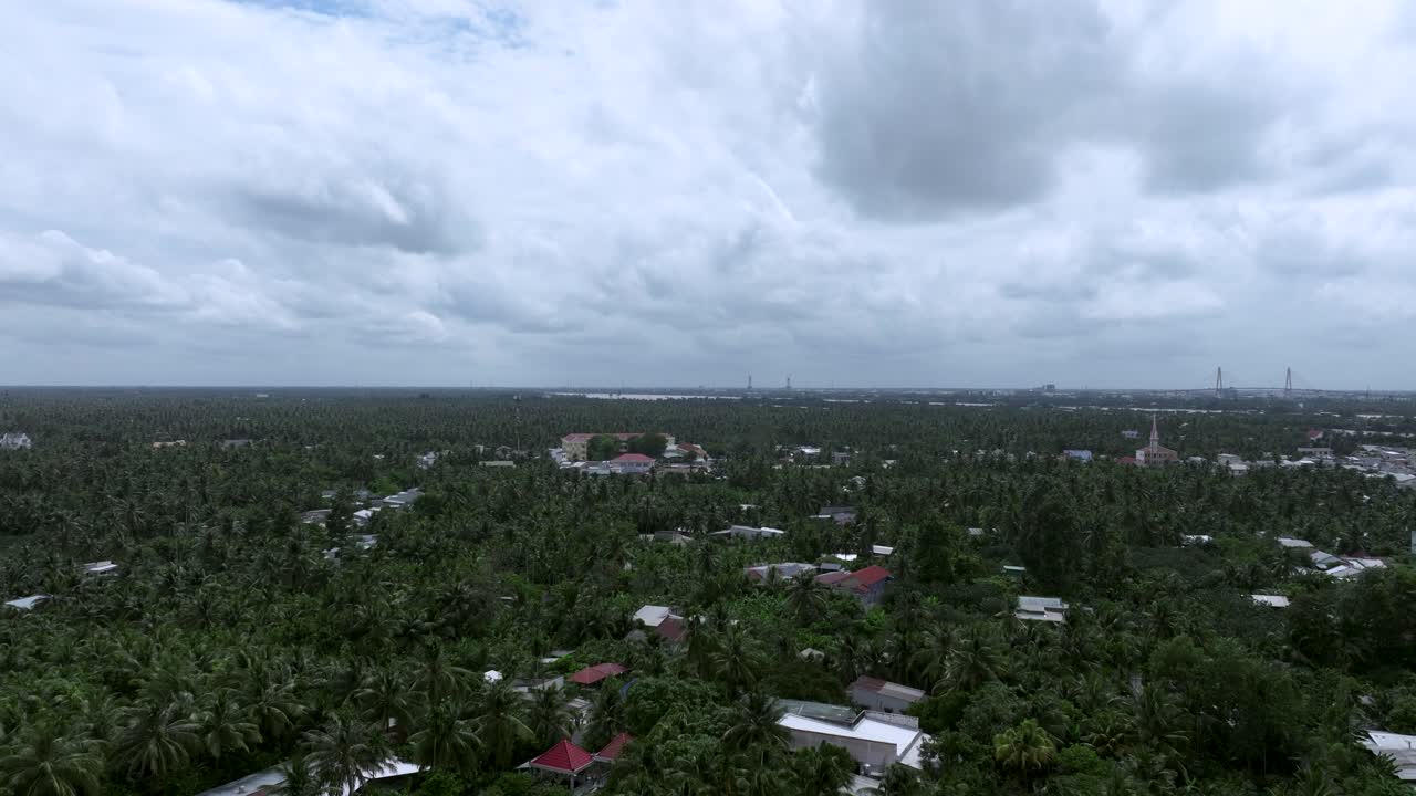 Lush green treetops and scattered homes under cloudy skies, Mekong Delta, Vietnam