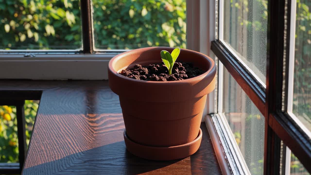 Nærbilde av en liten plante i en terrakottapotte på en vinduskarm, badet i naturlig lys