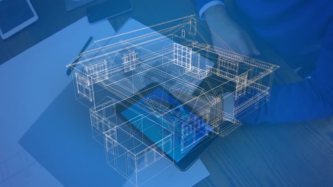 3d архитектурная модель дома против человека с помощью цифрового планшета