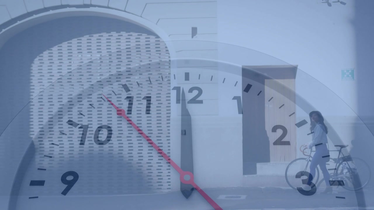 Woman entering from right pushing bicycle, clock overlay tracking time over scene for commuting