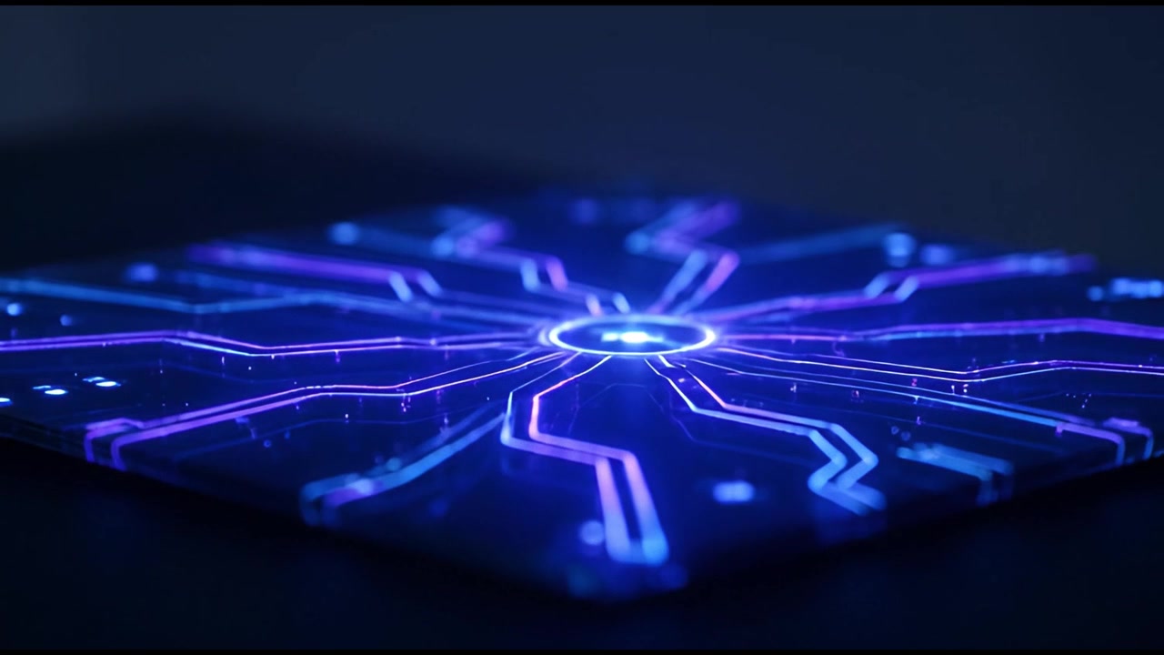 Glowing Blue Circuit Board Pattern Activating on Dark Surface