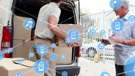 animación de iconos de teléfonos y música conectados, compañeros de trabajo caucásicos comprobando y cargando cajas en la furgoneta