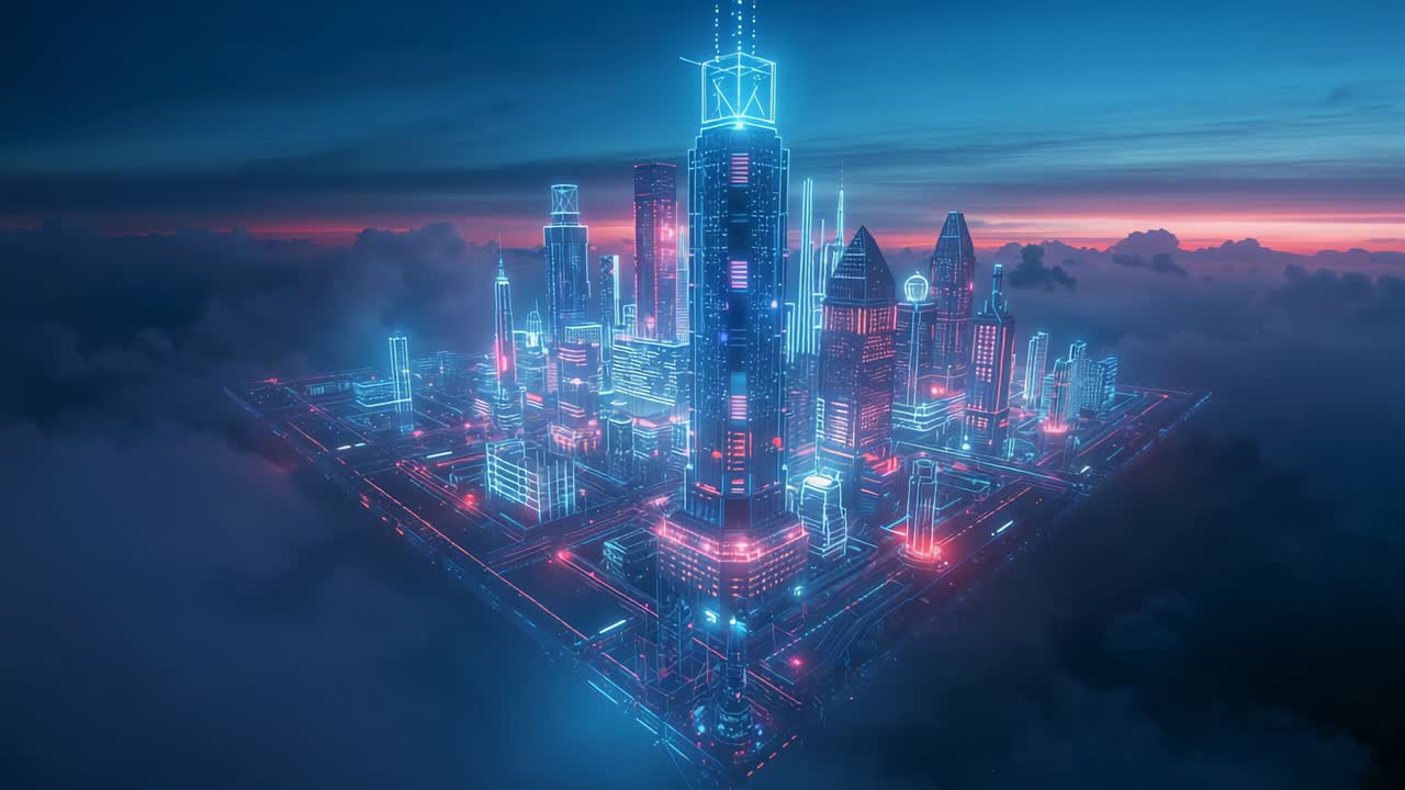 Floating platform above clouds at dusk, with pulsing futuristic skyscrapers, grid and streetlights