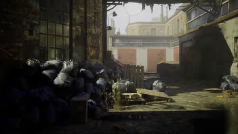 urban alley filled with garbage and debris in a neglected industrial area