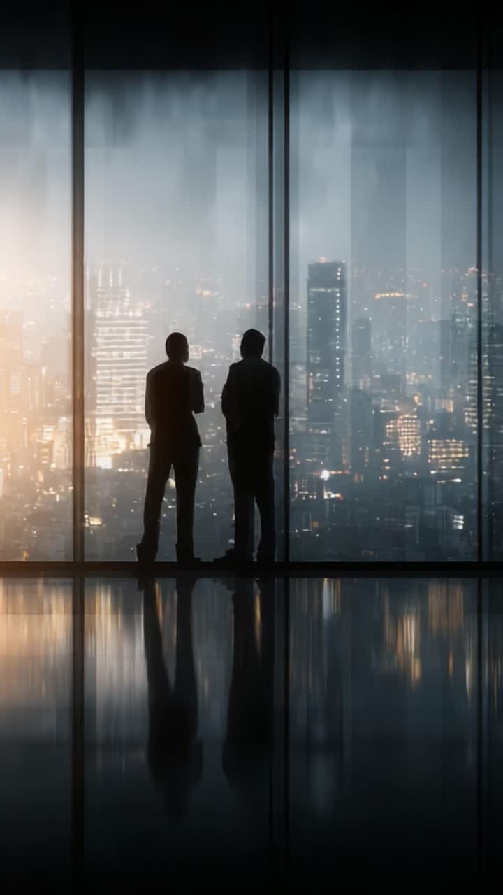 Dos profesionales conversando con un paisaje urbano panorámico al atardecer de fondo, lo que destaca una atmósfera de colaboración e innovación