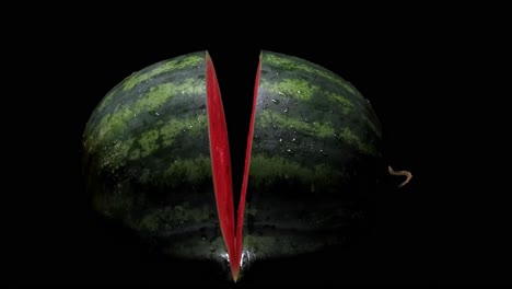 watermelon cut almost in half on a black background