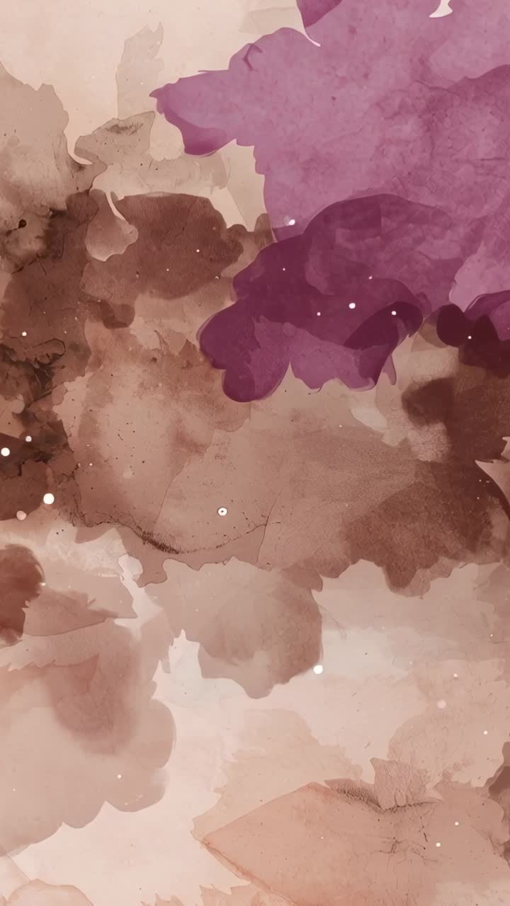 Video verticale: Goccia di pigmento che cade e crea una macchia viola che si diffonde su una velatura marrone-beige, per un tocco d'accento.