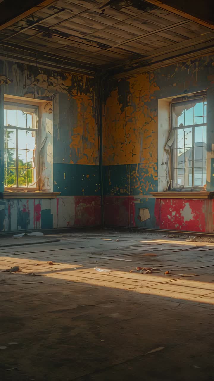 Vertical video: Moving camera showing derelict corner with barred windows, sunlight revealing decay