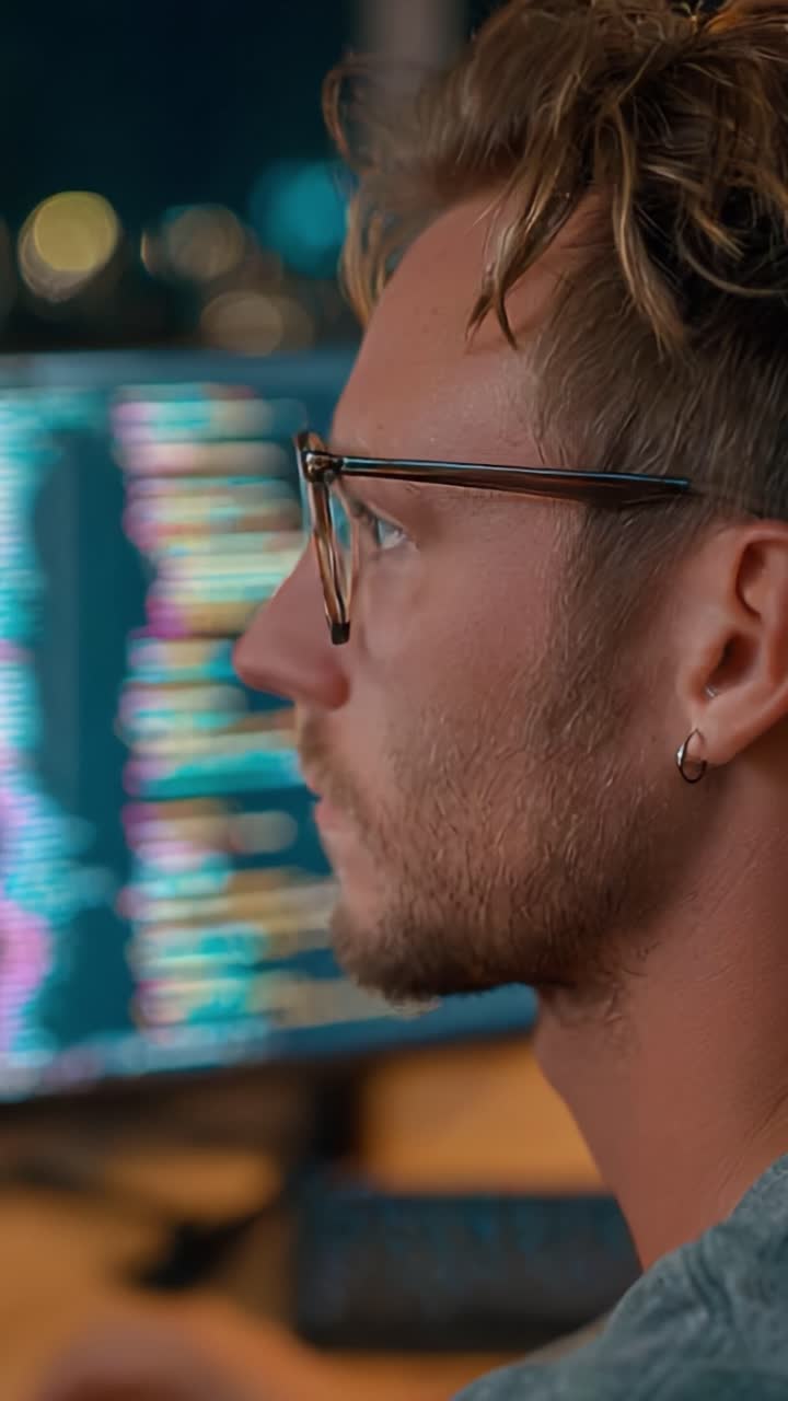 Soustředěný programátor analyzuje složitý kód v šerém pracovním prostoru, což zdůrazňuje intenzitu vývoje softwaru a umění programování