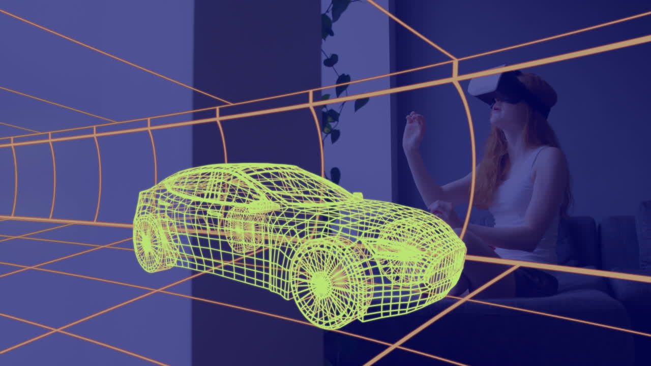 가정에서 vr 헤드 ⁇ 을 착용한 여성의 3d 기술 도면의 애니메이션