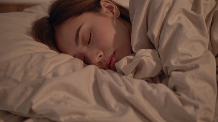 A serene video still of a woman sleeping peacefully under soft lighting