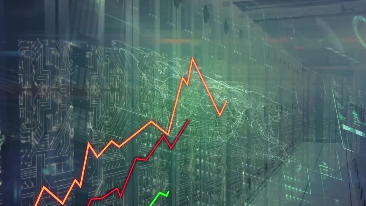 animación de líneas y procesamiento de datos a través de servidores informáticos.