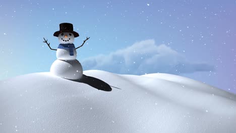 animation of snowman in winter scenery over blue sky