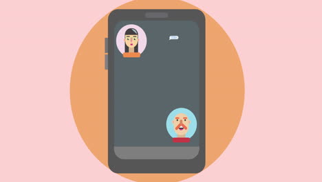 animación de la pantalla con conversaciones de mensajería en fondo rosa.
