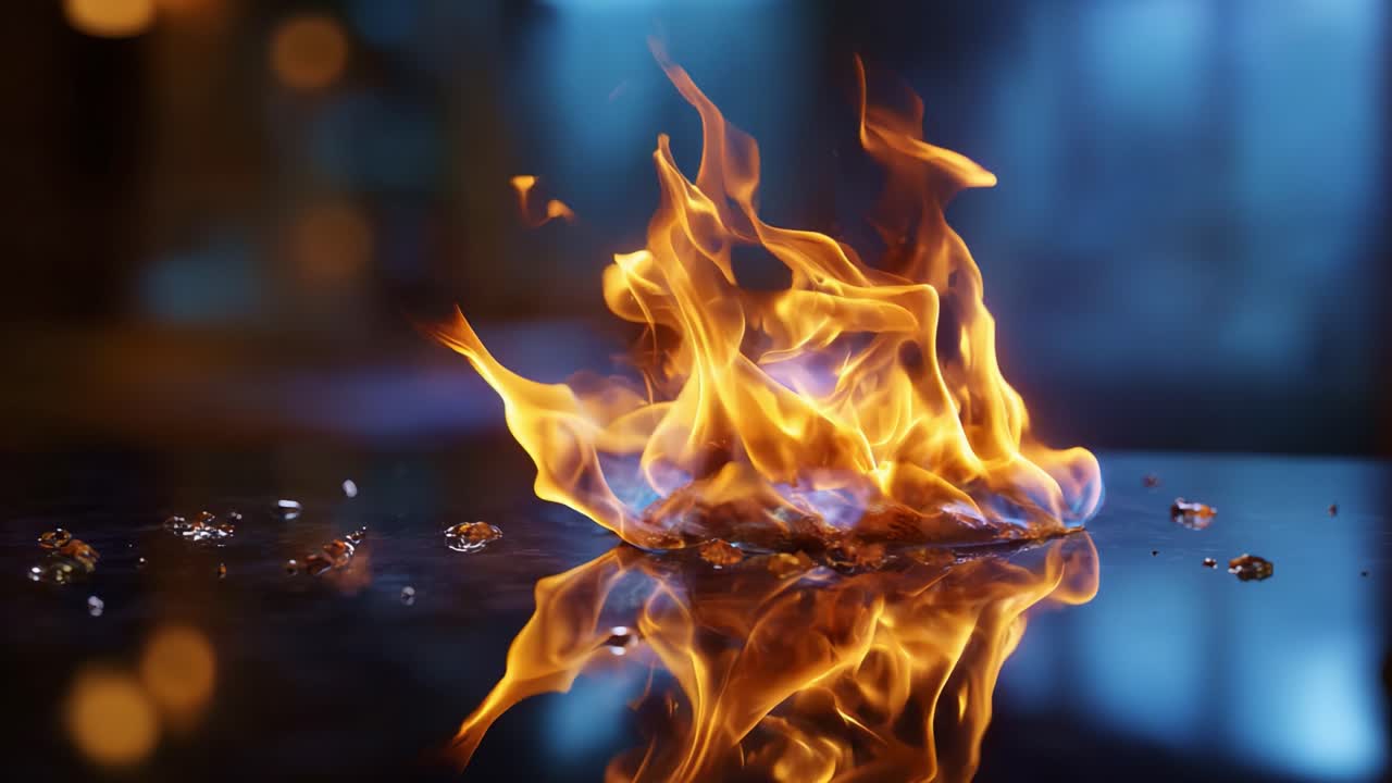 A Captivating Display of Flames Dancing on a Reflective Surface, Capturing the Intensity and Beauty of Fire in a Stunning Visual Experience