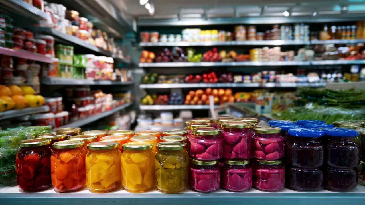 A Colorful Display of Preserved Goods: Vibrant Jars of Jam, Pickles, and Fruits Showcase the Art of Food Preservation in a Well-Stocked Grocery Store Aisle, Promising Freshness and Quality to Every Shopper