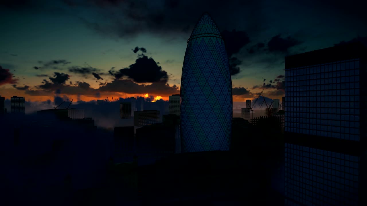 Londra, bellissimo timelapse dell'alba sul The Gherkin, sede della Swiss Reinsurance, panoramica 4K