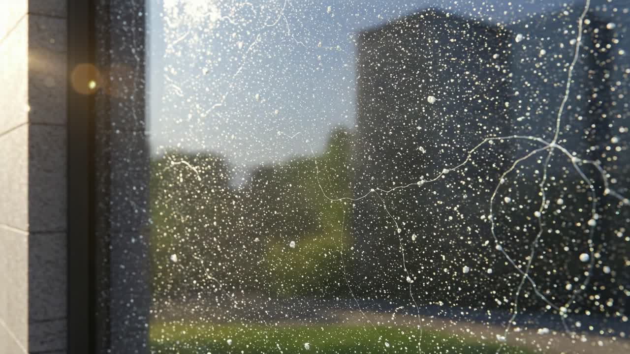 A Close-Up View of a Dirty Window Pane Bathed in Natural Light, Highlighting the Dust and Water Spots Against a Blurred Urban Background
