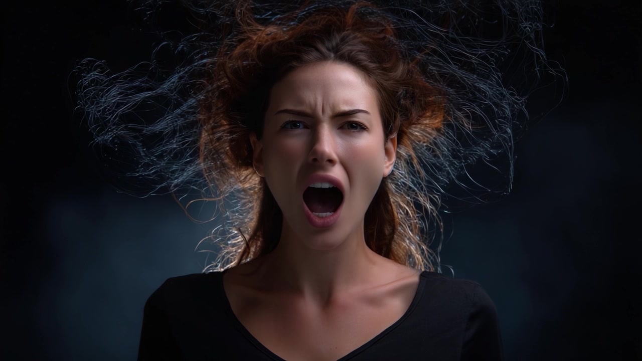 A Powerful Emotional Expression Captured: A Woman with Electrified Hair Shouting in a Dark Environment for a Dramatic Visual Impact
